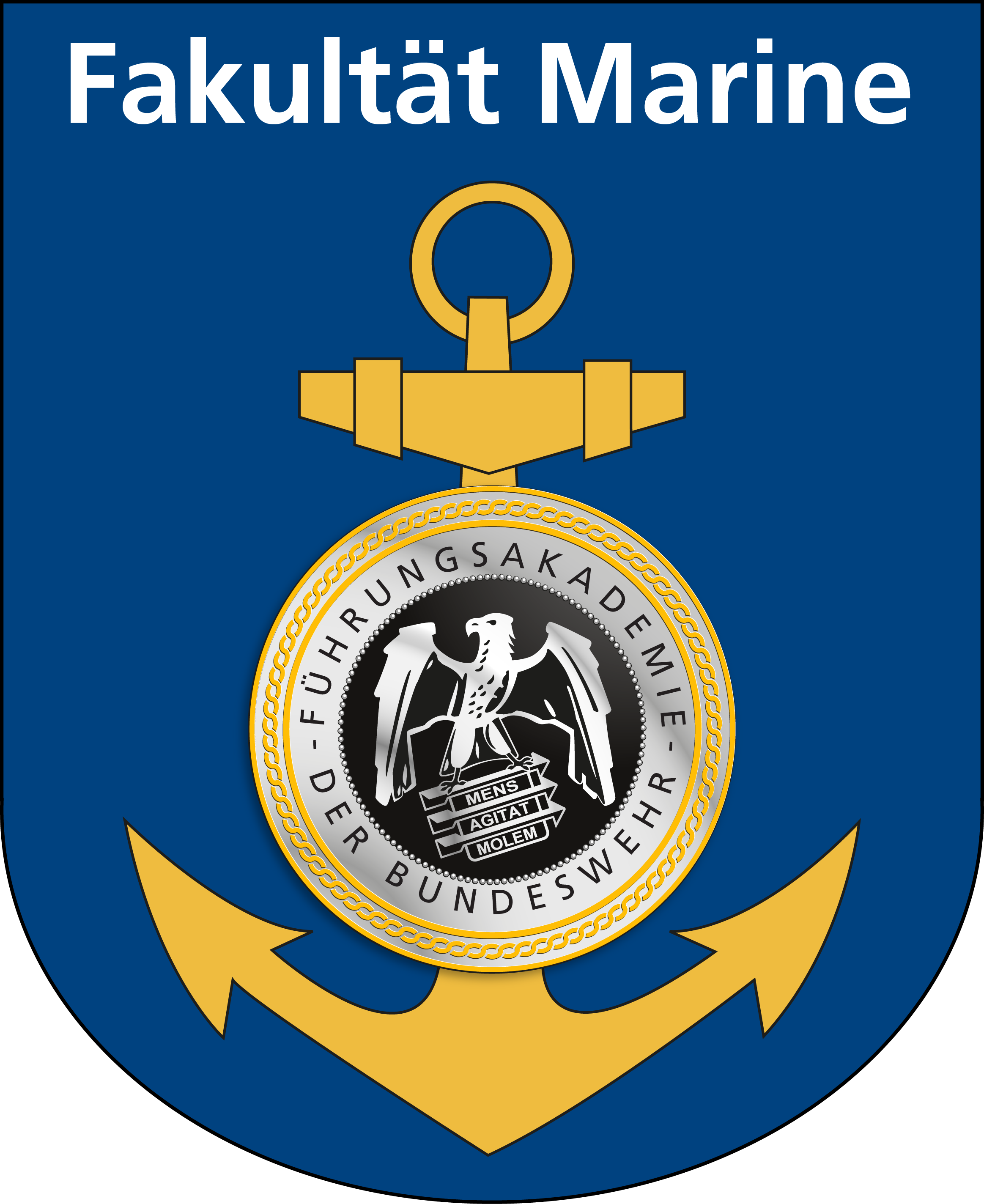 Wappen mit Anker auf blauen Hintergrund. Mittig das Wappen der Führungsakademie der Bundeswehr