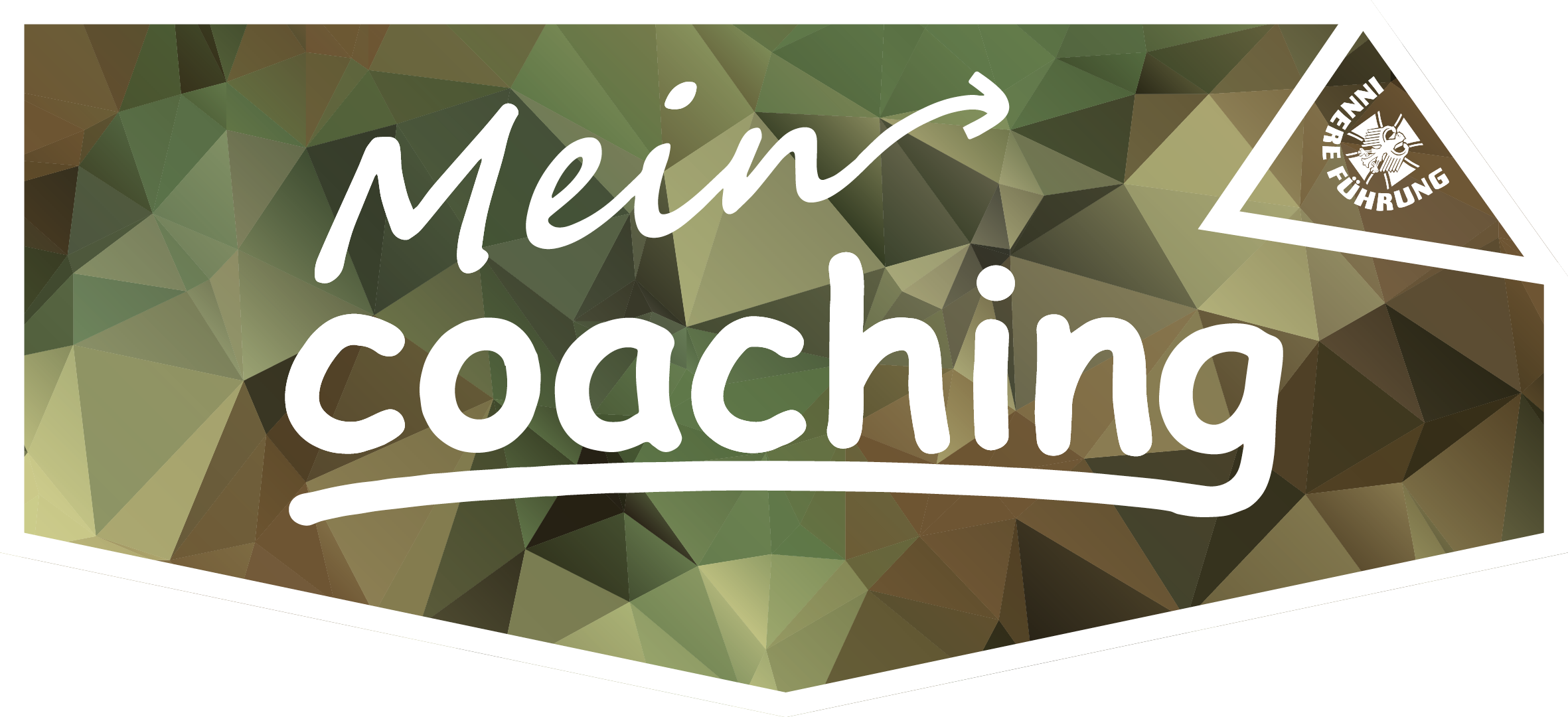 MeinCoaching in weißer Schrift als geschwungener Text auf Polygon. Das Wappen ZInFü in der stilistisch eingeklappten Ecke am Rad