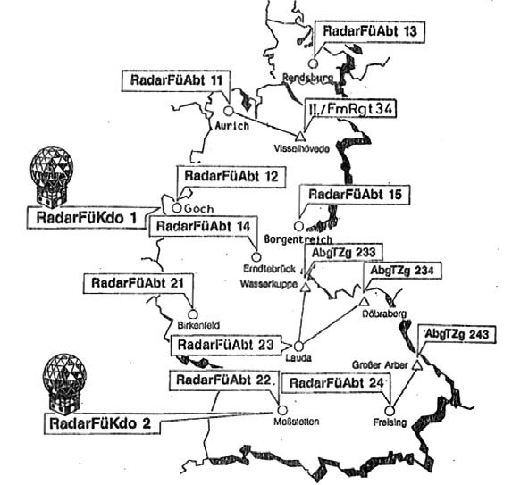 Standorte der Radareinheiten auf der Karte von Westdeutschland.