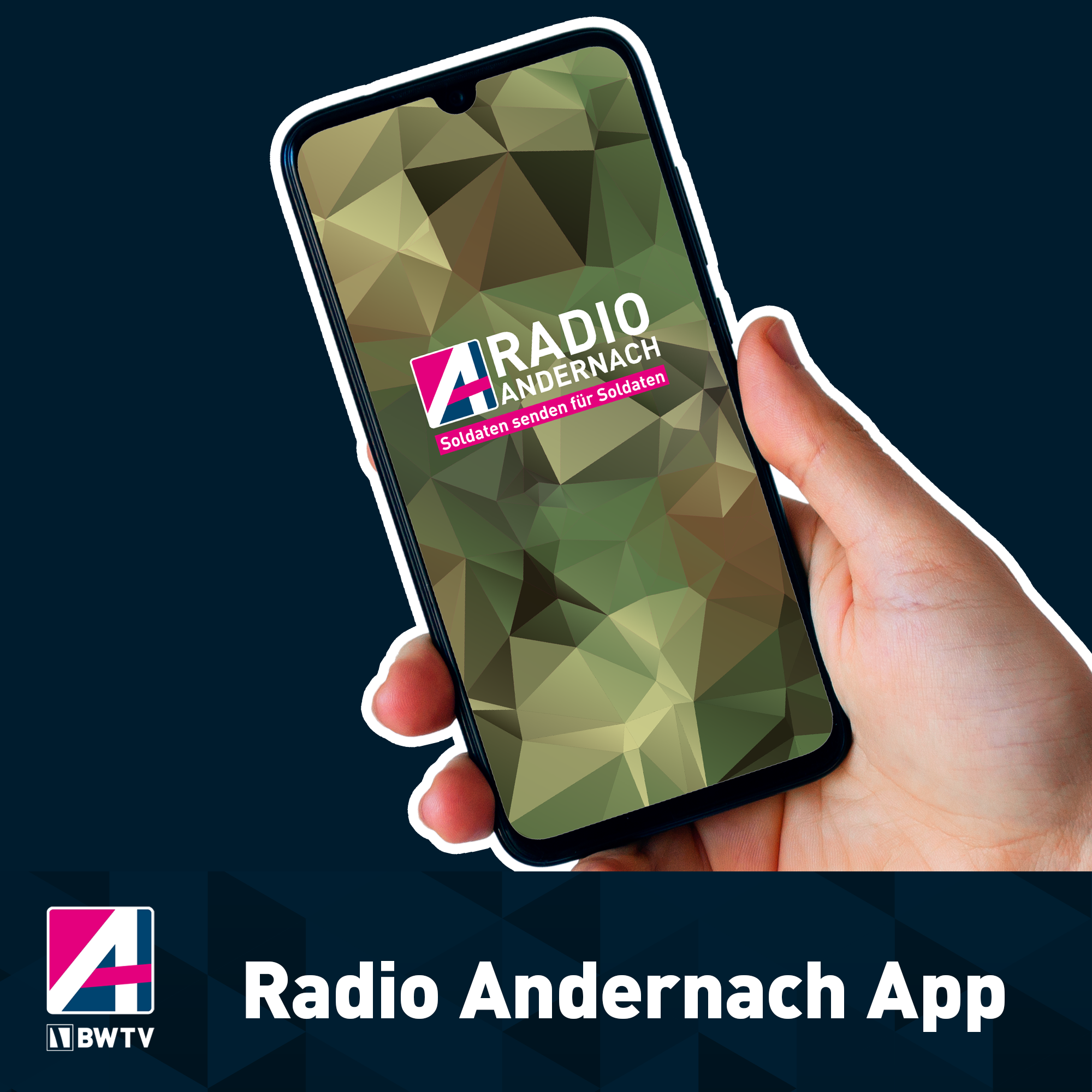 Ein Handy wird in der Hand gehalten, darauf zu sehen ist das Radio-Andernach-Logo.