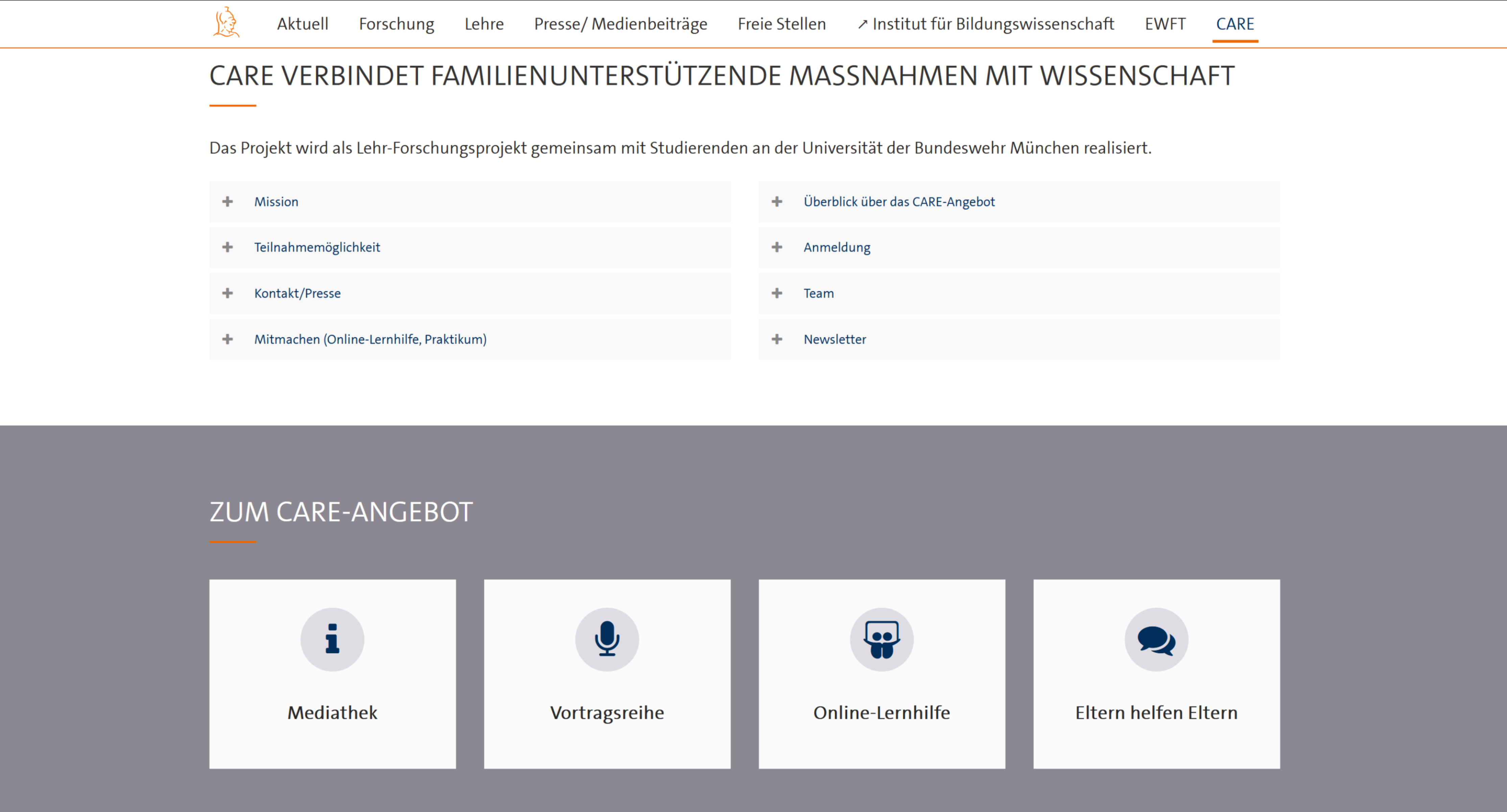 Grafik, die die CARE-Angebote auf der Website zeigt.