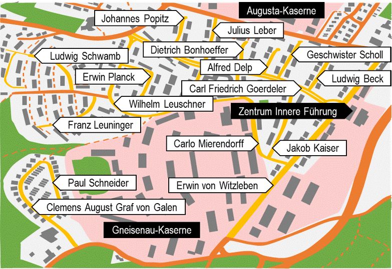 Stadtkarte des „Widerstandsviertels“ mit den Namen der Widerstandskämpfer