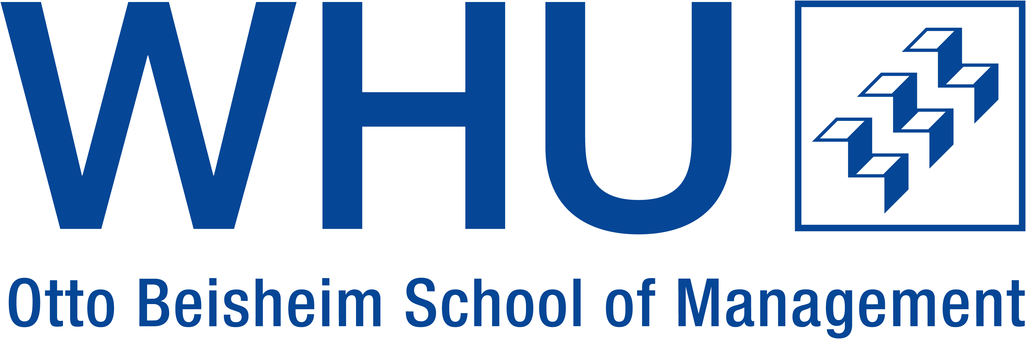 Schriftzug WHU - Otto Beisheim School for Management in blauer Schrift auf weißem Untergrund 
