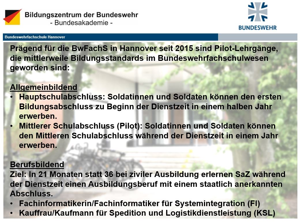 Text zur Historie der Bundeswehrfachschule Hannover.
