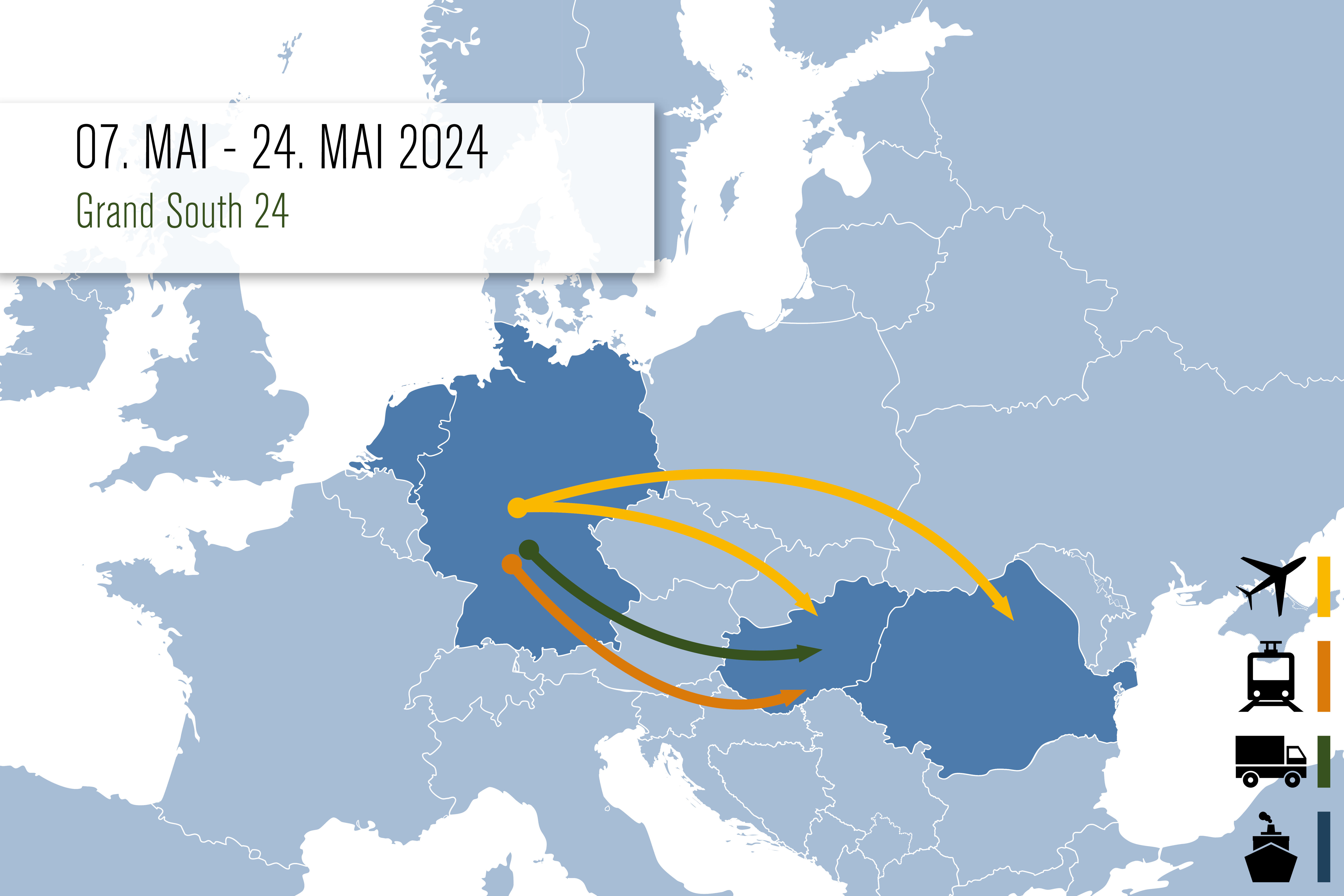 Auf einer Karte in blauen Farben sind schematisch Pfeile angeordnet. Sie zeigen die Truppenbewegung.