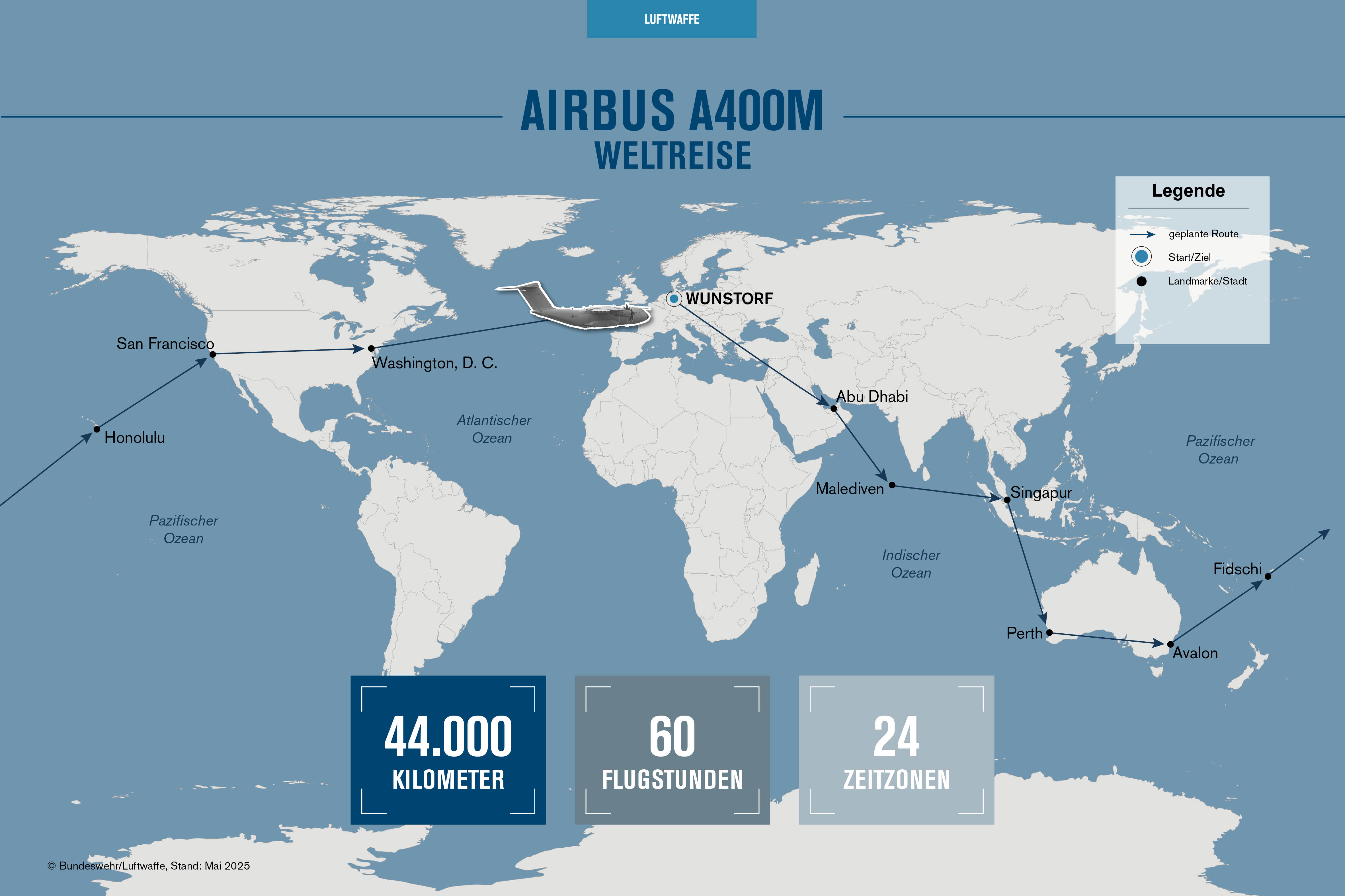 Weltreise Flugroute des A400M auf einer Weltkarte.