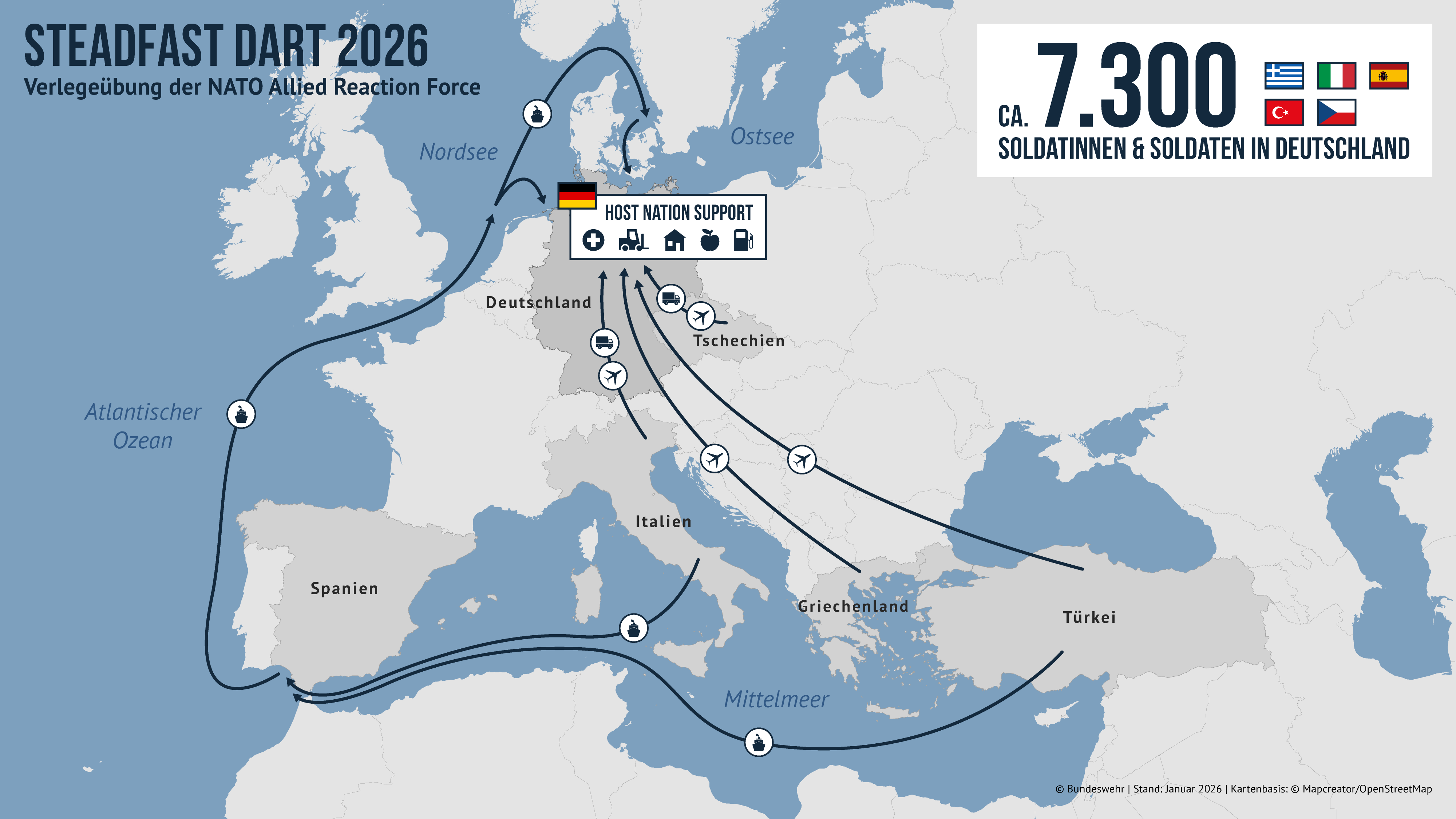 Eine Karte mit militärischen Übungen in Deutschland und anderen Ländern