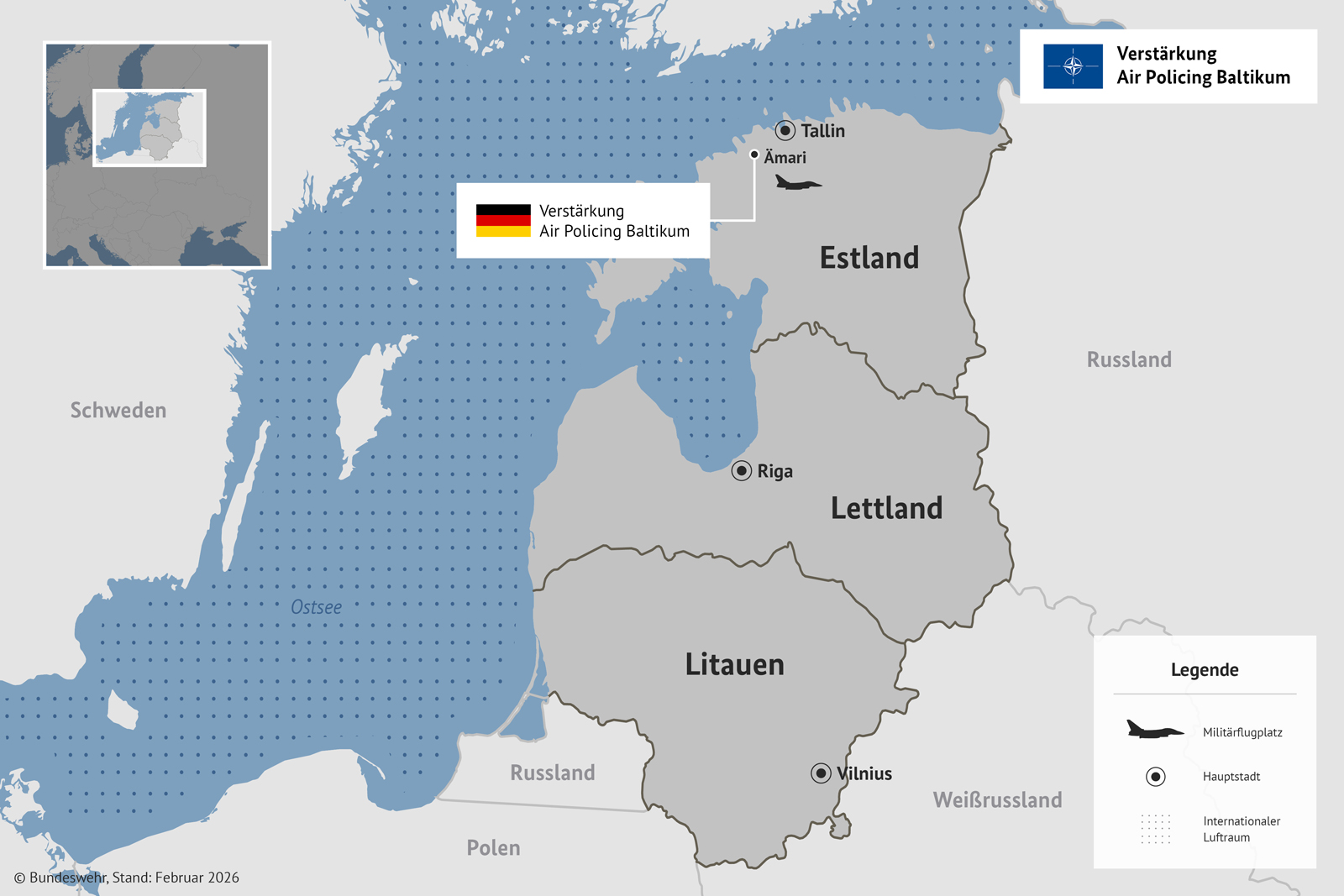 Eine Karte vom Baltikum, die die NATO-Mission „Verstärkung Air Policing Baltikum“ (VAPB) zeigt.