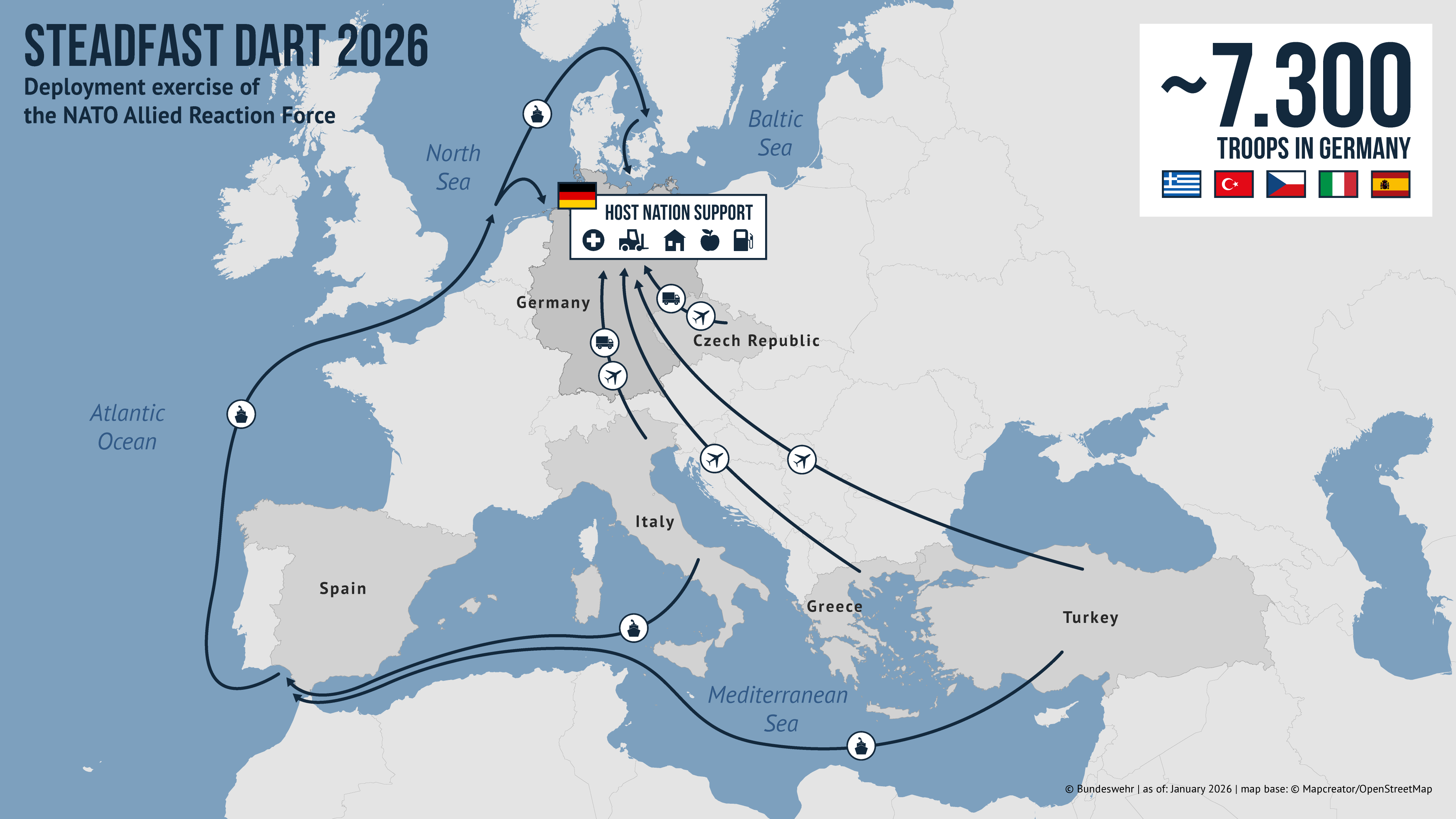 A map of military exercises in Germany and other countries