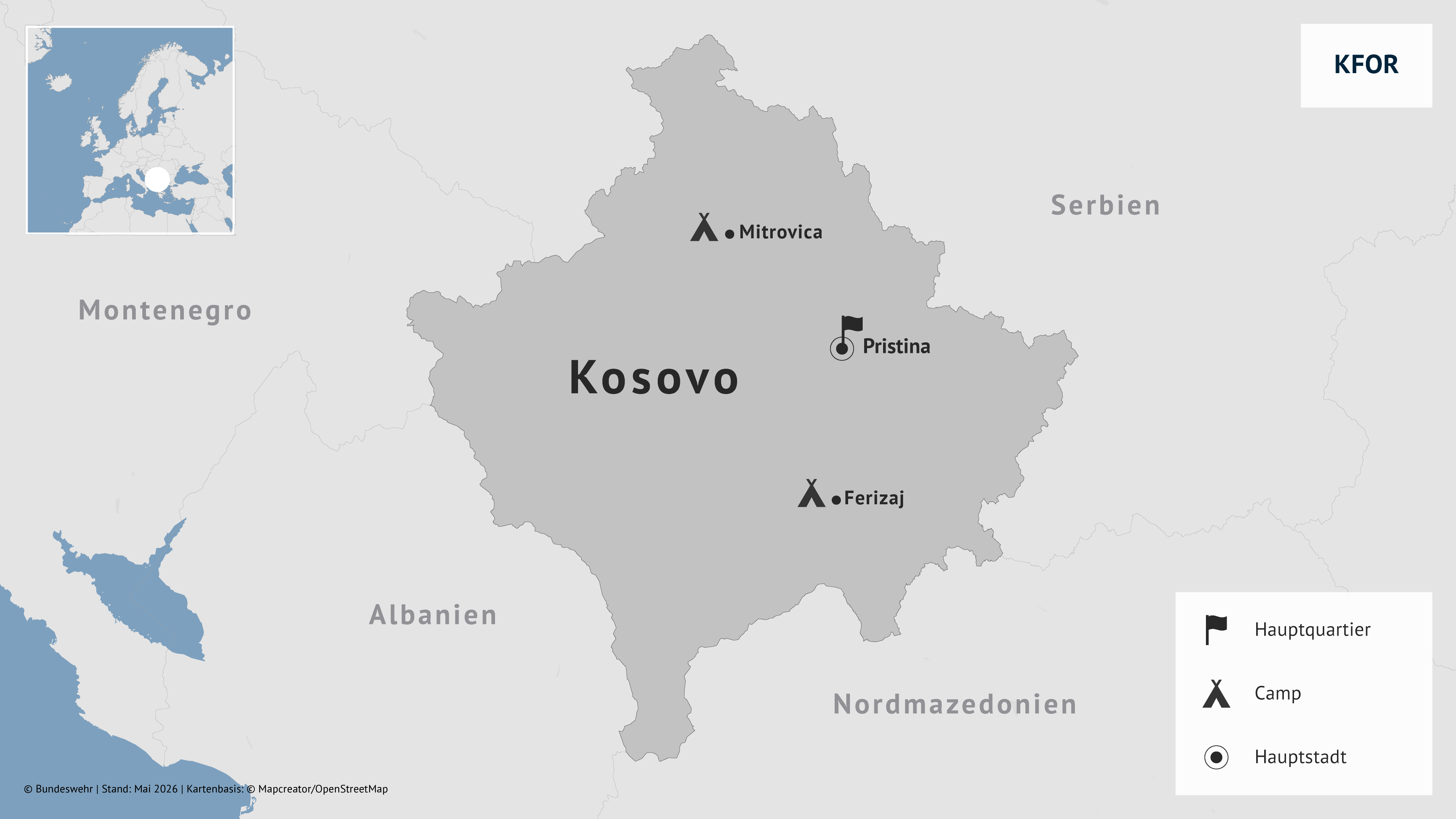 Eine Karte die das Einsatzgebiet der Bundeswehr im Kosovo zeigt