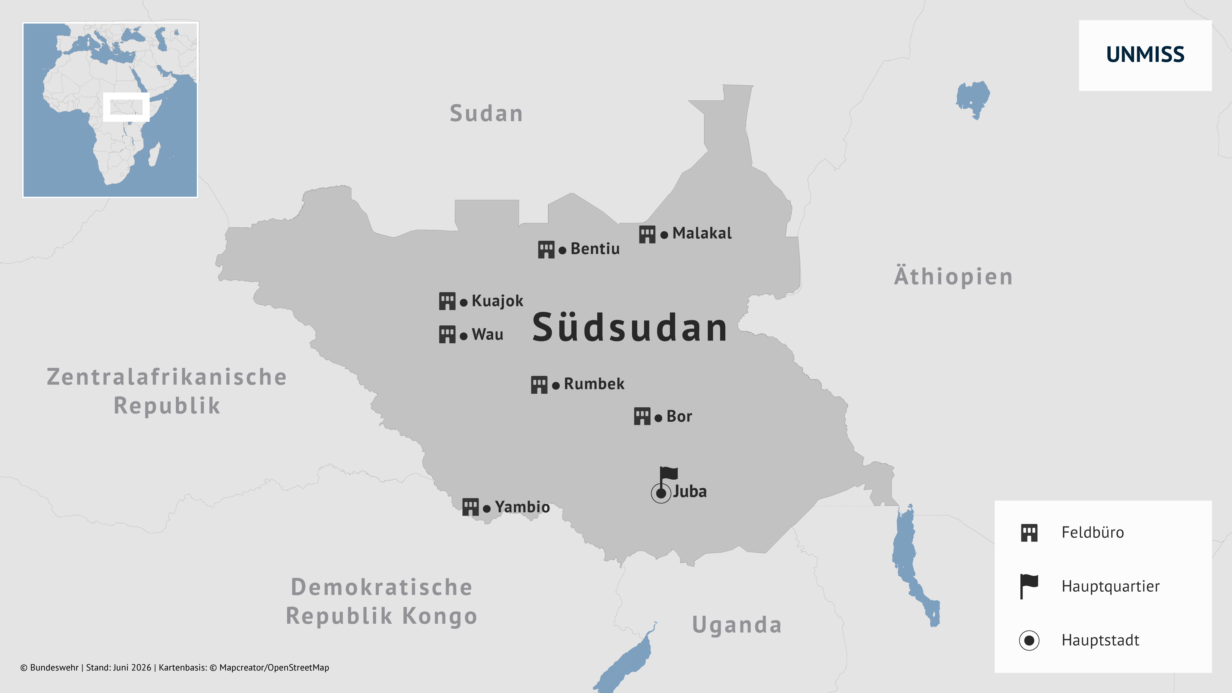 Die Ländergrenzen im Südsudan mit ihren UN Team Sites