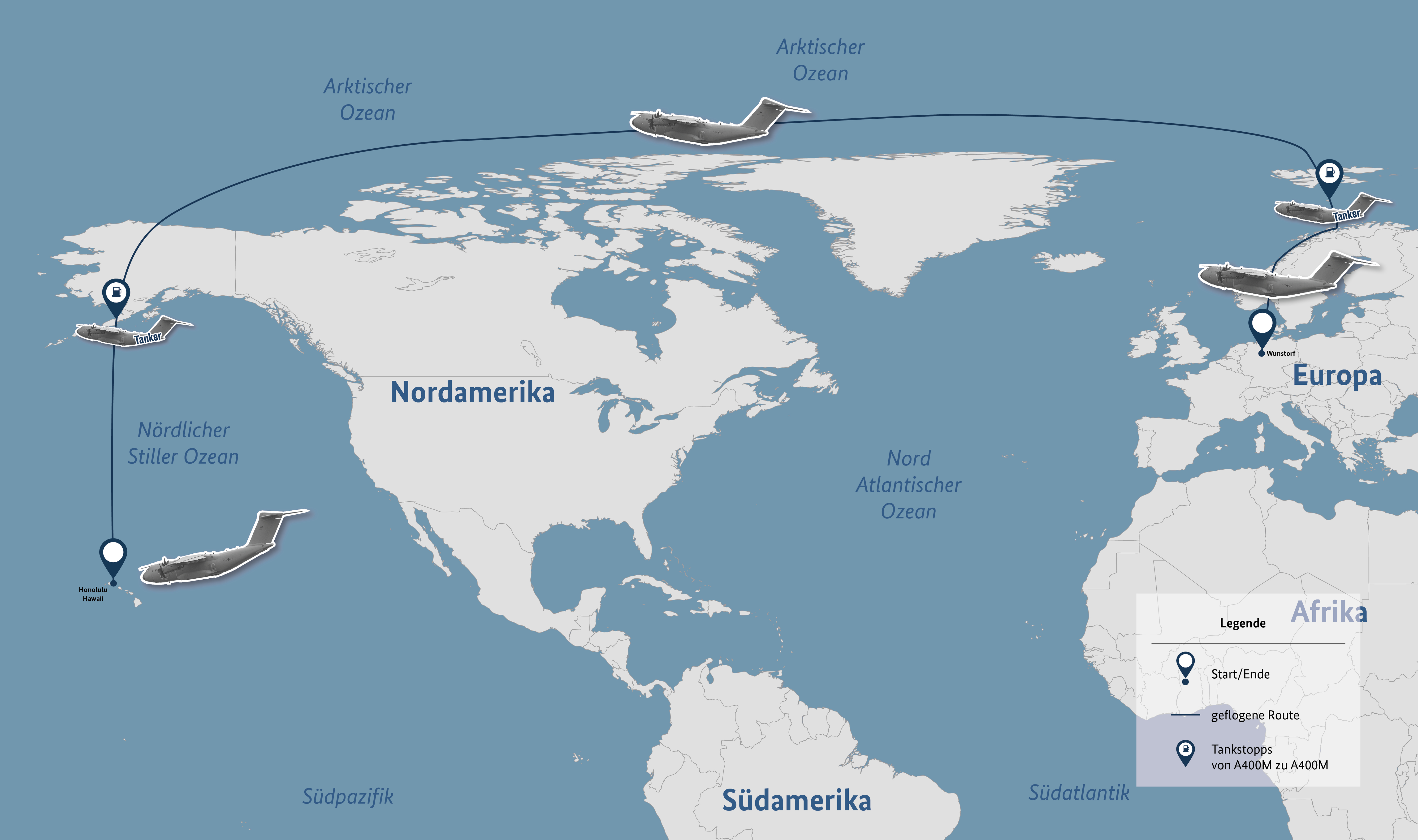 Auf einer Weltkarte ist die Route des A400M von Wunstorf nach Hawaii eingezeichnet.