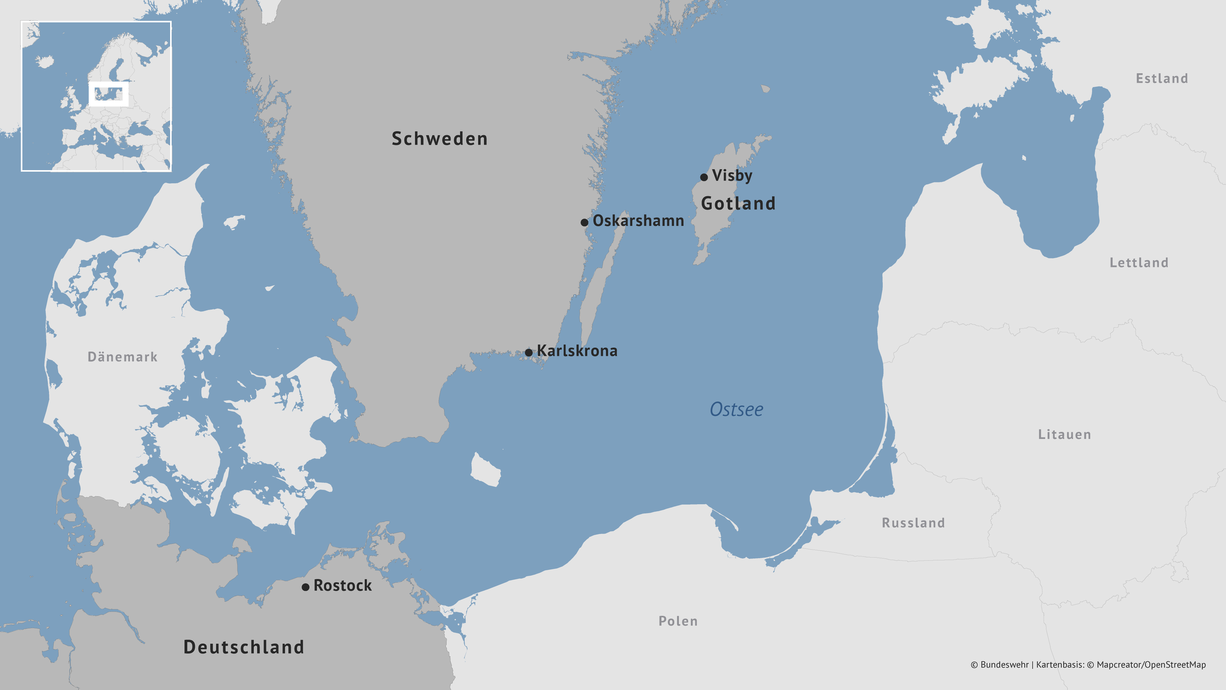 Eine Karte zeigt den Süden von Schweden mit der Insel Gotland und den Norden von Deutschland.