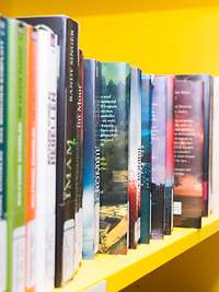Bücher in einem Regal In einer Reihe stehende Bücher in enem Regal