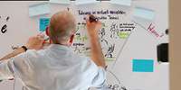 Graphic Recorder Ein Graphoc Recorder zeichnet die wichtigen Punkte eines Vortrags auf ein Whiteboard.