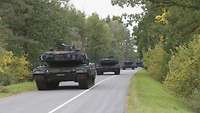 Drei Panzer fahren auf einer asphaltierten Straße hintereinander in einem Waldgebiet.