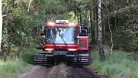 Ein Feuerlöschkraftfahrzeug der Bundeswehr fährt auf einem Waldweg zwischen Bäumen hindurch.