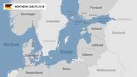 Eine Karte der Ostsee von Kiel bis Helsinki und St. Petersburg.