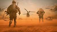 Military troops and helicopter on the way to the battlefield / Between sand storm in desert