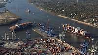 Luftaufnahme eines großen Flusses mit mehreren Containerschiffen.