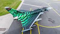 Schräg von oben fotografiert: Der grün-schwarz lackierte, prämierte Eurofighter des NATO Tiger Meets 2018, der "Ghost Tiger".