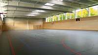 Spielfeld in einer SporthalleEine Frau steht an einem Rednerpult