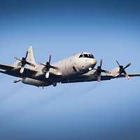 Ein hellgraues, viermotoriges Flugzeug von unten fliegt am blauen Himmel. 