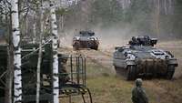Zwei Panzer fahren auf einem Waldweg.