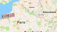 Landkarte mit Standortmarke auf Evreux.