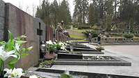 Ein litauischer Friedhof mit Steingräbern und Blumenschmuck