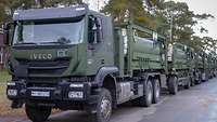 LKW-Kolonne steht am Straßenrand.