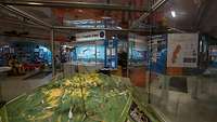 Blick in ein Museum, im Vordergrund ein Landschaftsmodell mit darüber fliegenden Flugzeugen