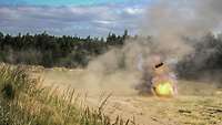 Feuerball auf sandigem Untergrund nach Sprengung eines Baumstamms, im Hintergrund ein Wald 