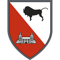 Diagonal Rot-Silber geteilt, auf Rot das Hardheimer Schloss, auf der silbernen Seite ein Büffel.