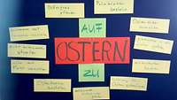 Eine blaue Tafel mit Vorsätzen zum Osterfest