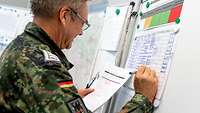 Ein Soldat steht an einer Tafel und trägt Daten in eine Tabelle ein.