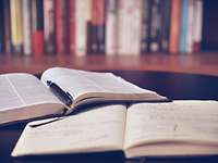 Bücher während des Studiums Zu sehen sind zwei aufgeschlagene Bücher, die übereinander liegen. Im Hintergrund ist ein Bücherregal zu erkennen.