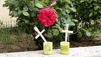 Osterlichter und kleine Holz-Span-Kreuze vor einer roten Rose