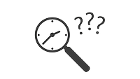 Lupe wird über die Zeiger einer Uhr gehalten Die Grafik zeigt eine Lupe, die über die Zeiger einer Uhr gehalten werden, daneben sind Fragezeichen abgebildet