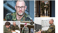 Die Collage zeigt Oberstleutnant i.G. Oliver Muhs am Schreibtisch, in einer Besprechung und am PC