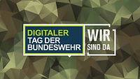 Logo „Digitaler Tag der Bundeswehr – Wir sind da“ auf einem grünen Polygonmuster