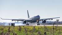 Ein Flugzeug landet auf einer Start- und Landebahn. 