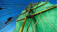 Interview Offizieranwärter Alexander von Humboldt II Wanten Ein Soldat klettert an den Wanten eines Segelschiffs einen Mast hinauf; an dem Mast sind grüne Segeln zu sehen.