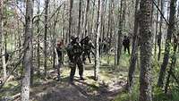 Die Soldaten stehen gut gedeckt in einem Wald zwischen Bäumen.