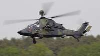 Ein Hubschrauber Tiger fliegt in der Höhe von Baumwipfeln.