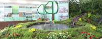 Umweltschutzausstellung Umweltschutzausstellung mit Blumenwiese, Bach mit Wasserfall und Teich mit Wasserspiel, im Hintergrund Info-Stelltafeln.