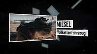 Foto eines Panzers und schwarze Schrift auf weißem Grund: Wiesel Vollkettenfahrzeug