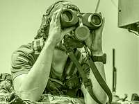 Different methods of collecting information: A soldier of the ISR Corps uses binoculars to observe the terrain. A soldier uses binoculars to observe from within a vehicle.