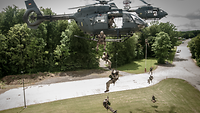 Several soldiers rappel by rope from two helicopters hovering some ten metres above the ground.