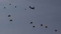 Bei strahlend blauem Himmel springen Fallschirmjäger aus einem großen, zweimotorigem Propellerflugzeug.